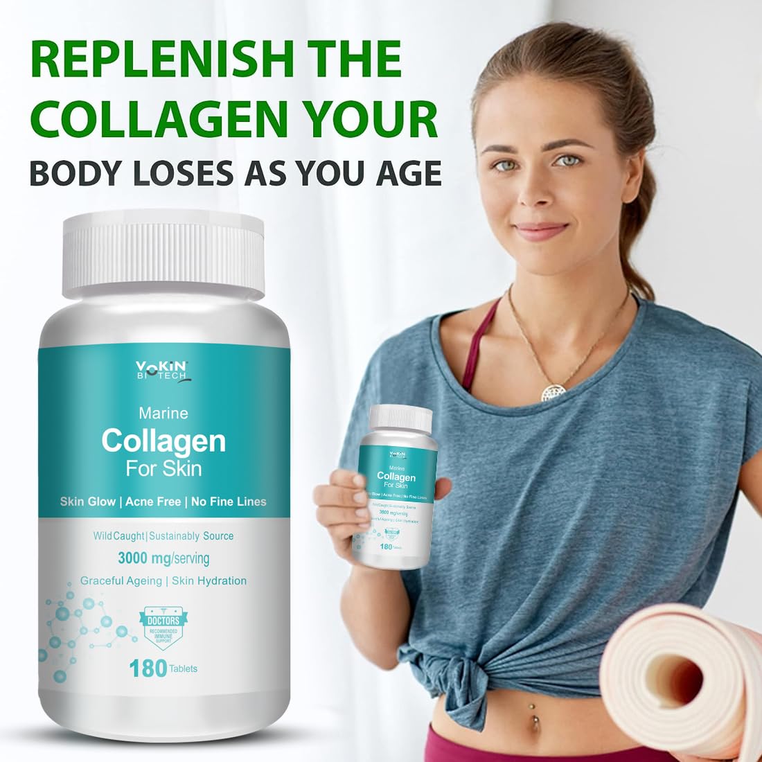 Vokin Biotech Marine Collagen 3000Mg With Biotin & Vitamin C For Skin|Hair|Nails (180 Tablets), 200 grams