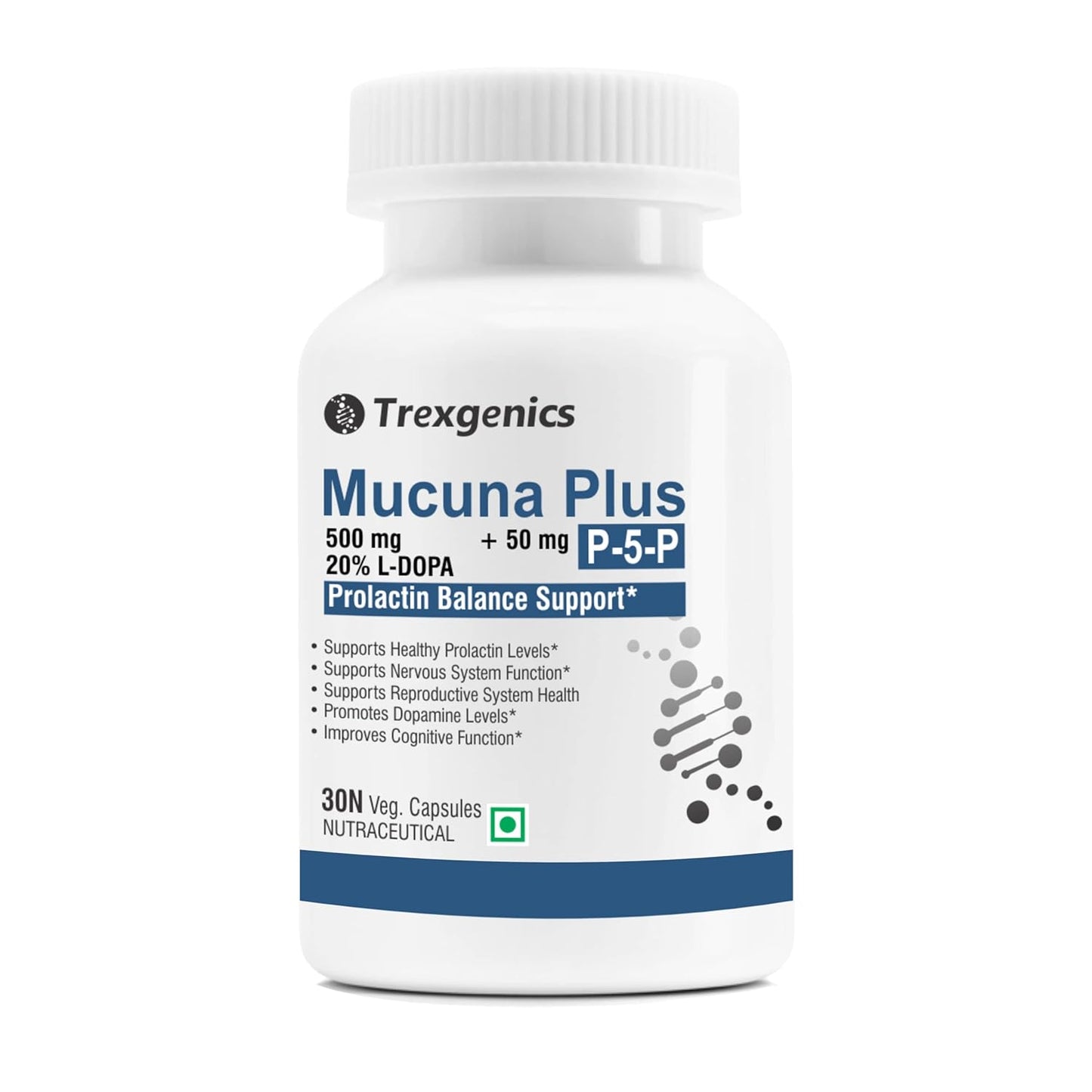 Trexgenics MUCUNA 20% L-DOPA 500 mg, P5P 50 mg Prolactin Support, Cognitive Function VEGAN & NON-GMO (30 Veg. Capsules) (Pack of 1)