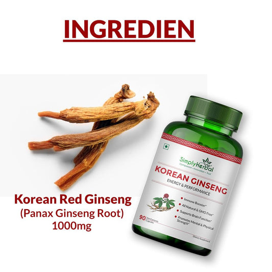 Simply Herbal Korean Red Ginseng 1000mg â€“ 90 Veg Capsules | Energy, Vitality & Stamina Support | Herbal Adaptogen Supplement for Men & Women