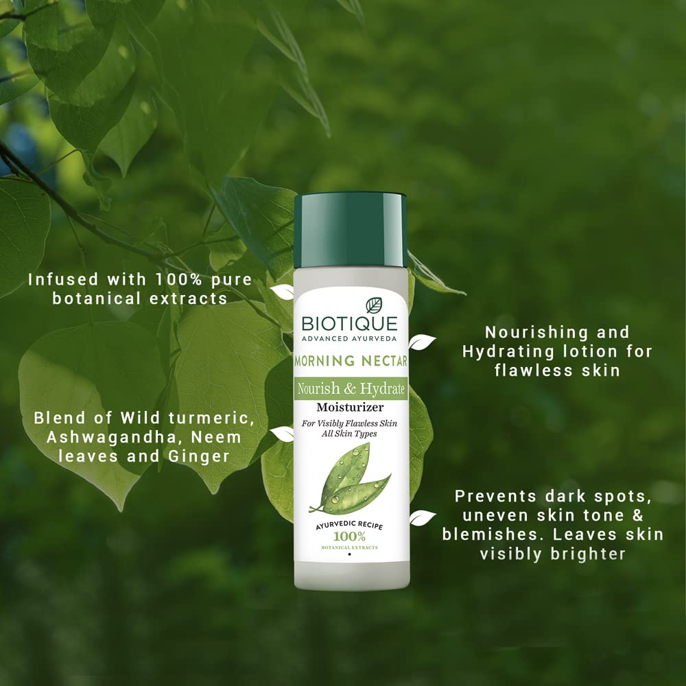 Biotique Morning Nectar Flawless Skin Moisturizer Lotion L Prevents Dark Spots, Blackheads And Blemishes L Visibly Flawless Skin L Nourishes And Hydrates Skin L All Skin Types L 190Ml