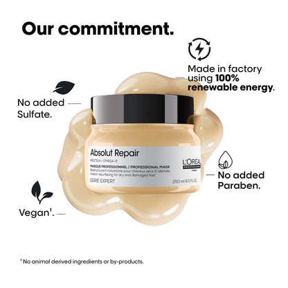L'OrÃ©al Professionnel Absolut Repair Mask for Dry & Damaged Hair - 250ml | Professional mask for Strengthening and Repairing Hair, With Protein & Omega-9, For Men & Women