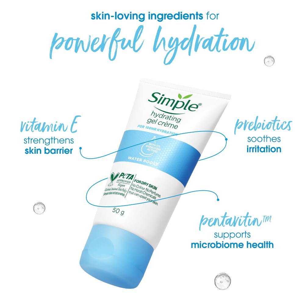 Simple Water Boost Hydrating Gel CrÃ¨me, 50g | 100HR Hydration | Moisturiser for Dry, Sensitive Skin with Prebiotics & Pentavitin | Fragrance Free, Non-greasy | Soothes & Calms Skin