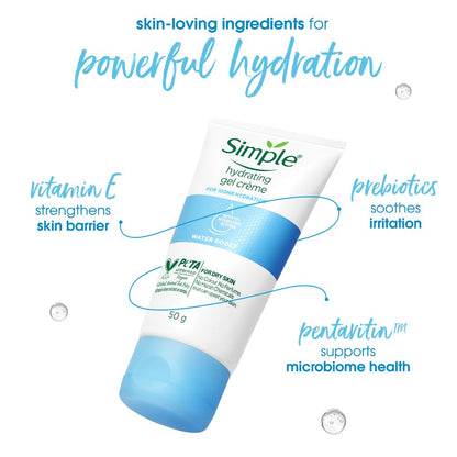Simple Water Boost Hydrating Gel CrÃ¨me, 50g | 100HR Hydration | Moisturiser for Dry, Sensitive Skin with Prebiotics & Pentavitin | Fragrance Free, Non-greasy | Soothes & Calms Skin