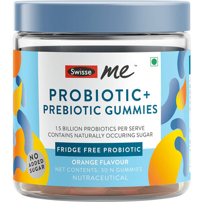 SwisseMe Probiotics Prebiotic Gummies - Probiotic Supplement With 1.5 Billion CFU, Zero Added Sugar Fridge Free Probiotic - 30 Gummies (One Gummy Per Serving, Orange Flavour)