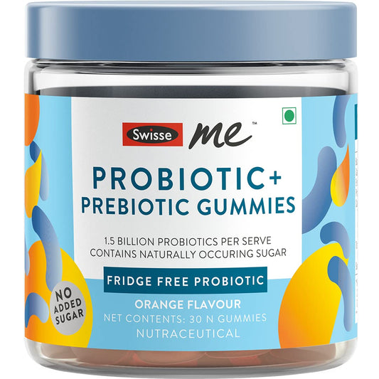 SwisseMe Probiotics Prebiotic Gummies - Probiotic Supplement With 1.5 Billion CFU, Zero Added Sugar Fridge Free Probiotic - 30 Gummies (One Gummy Per Serving, Orange Flavour)