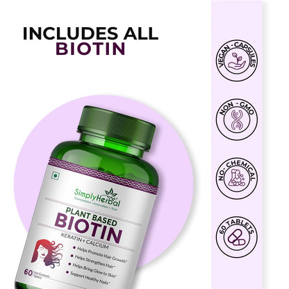 Simply Herbal Plant-Based Biotin Tablets â€“ 60 Tablets | Natural Biotin Supplement | Vegan & Gluten-Free | Supports Daily Nutrition