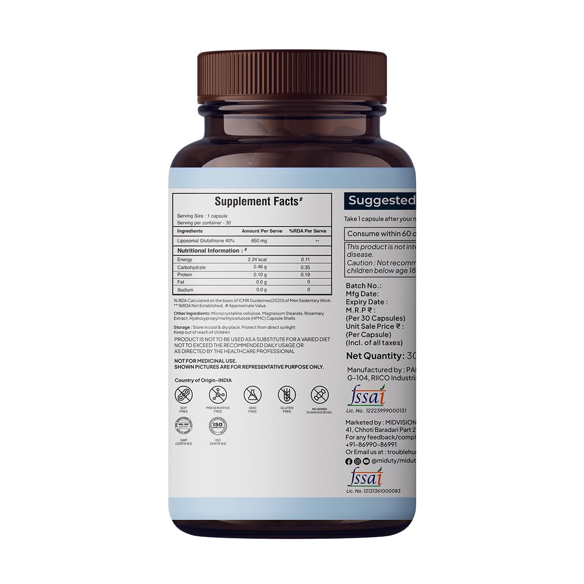 Miduty by Palak Notes Liposomal Glutathione - Highest Bioavailability - Glutathione for skin - Face glow - Skin Hydration - Liver Health -Detoxification Support - 30 Caps