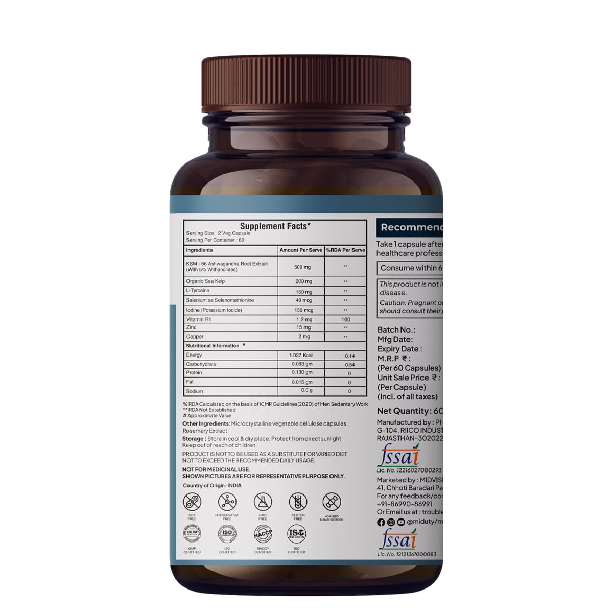 Miduty Palak Notes Triple Thyroid Care Supplement - Rapid Action Formula - KSM-66 Ashwagandha - Sea Kelp - Zinc - Vitamin B1-Selenium-L-Tyrosine - Supports Thyroid Health - Good mood - 60 Capsules
