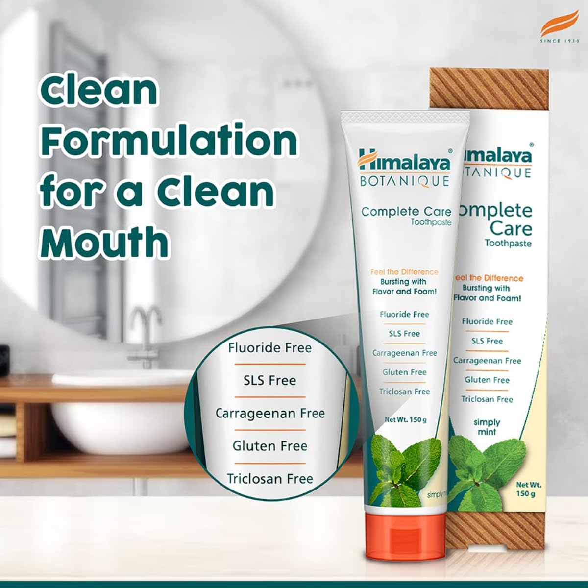Himalaya Botanique Complete Care Toothpaste 150g, Mint | Protects teeth from Germs & Plaque, Freshens Breath | Fluoride & SLS Free | Clean & Herbal Formulation