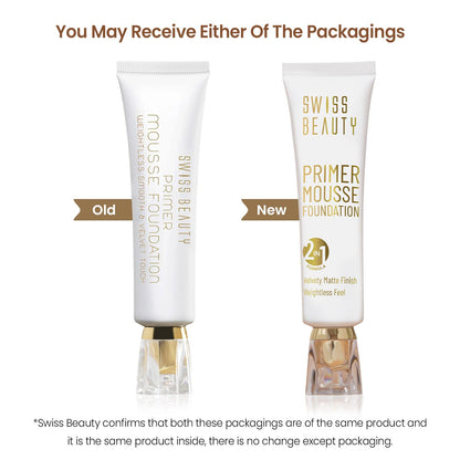 Swiss Beauty Primer Mousse Foundation Weightless Smooth & Velvet Touch, Matte Finish, Face Makeup, Natural Beige, 30ml