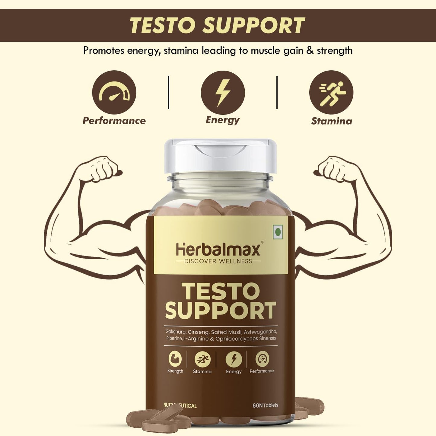 Herbalmax Testo Support Testosterone Supplement | With Gokshura, Safed Musli, L-Arginine & Ashwagandha | Natural Testosterone Booster for Strength, Stamina, Performance & Energy â€“ 60 Tablets