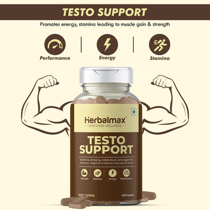 Herbalmax Testo Support Testosterone Supplement | With Gokshura, Safed Musli, L-Arginine & Ashwagandha | Natural Testosterone Booster for Strength, Stamina, Performance & Energy â€“ 60 Tablets