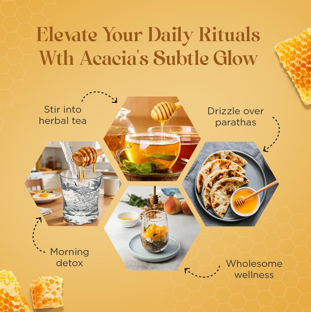Hexhive Acacia Lite Colour Honey | Pure Organic Honey from Acacia Blossoms | Light & Mild Taste | Low Crystallisation | Natural Sweetener for Milk, Coffee, Tea, Breakfast | Octagon Glass Jar | 500g