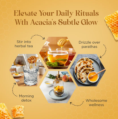 Hexhive Acacia Lite Colour Honey | Pure Organic Honey from Acacia Blossoms | Light & Mild Taste | Low Crystallisation | Natural Sweetener for Milk, Coffee, Tea, Breakfast | Octagon Glass Jar | 500g