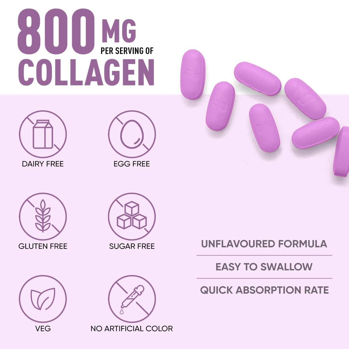 Herbalmax Veg Collagen Supplement Tablets â€“ 60N | 800mg Type 1, 2 & 3 Collagen | For Glow Skin, Hair, Nails, Joints & Bone Support | Enriched with Biotin & L-Glutathione