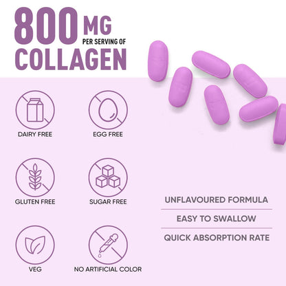 Herbalmax Veg Collagen Supplement Tablets â€“ 60N | 800mg Type 1, 2 & 3 Collagen | For Glow Skin, Hair, Nails, Joints & Bone Support | Enriched with Biotin & L-Glutathione