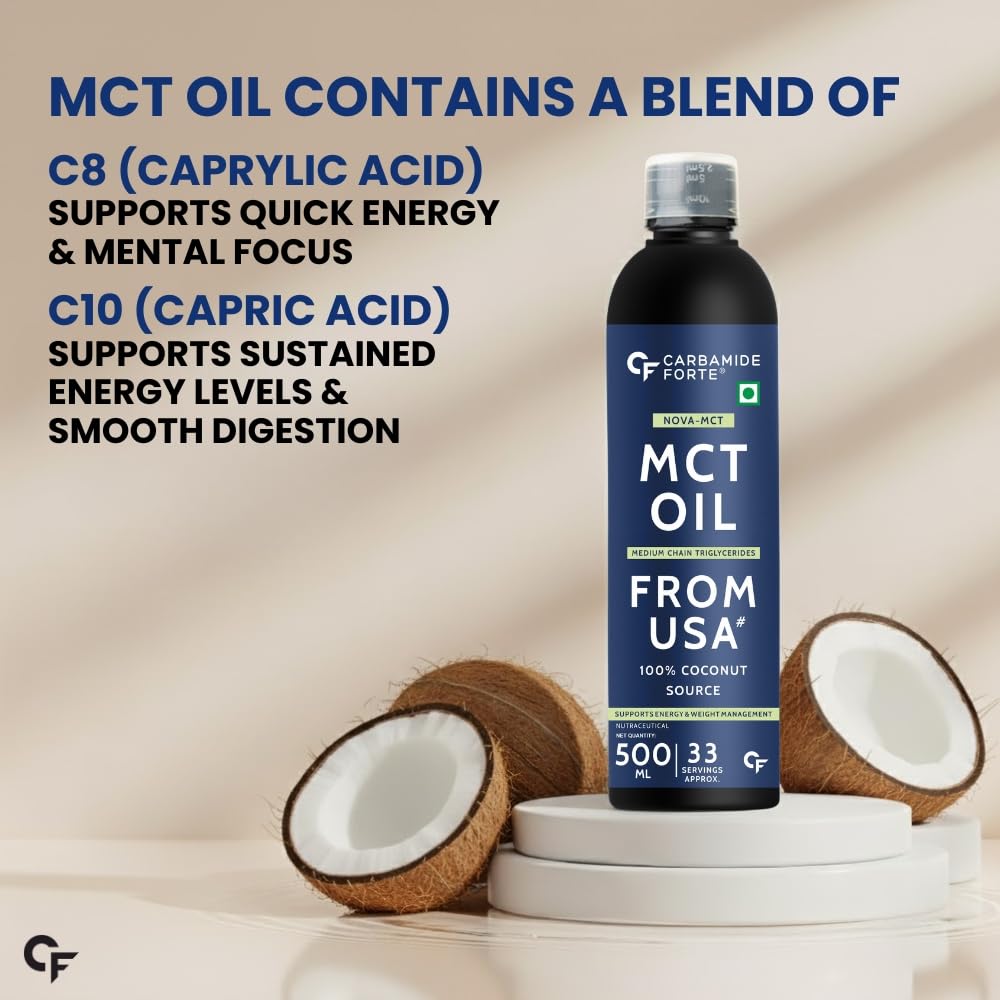 Carbamide Forte Pure MCT Oil C8 From USA | 100% Coconut Source | MCT Oil Keto & Paleo Friendly | Vegetarian â€“ 500ml