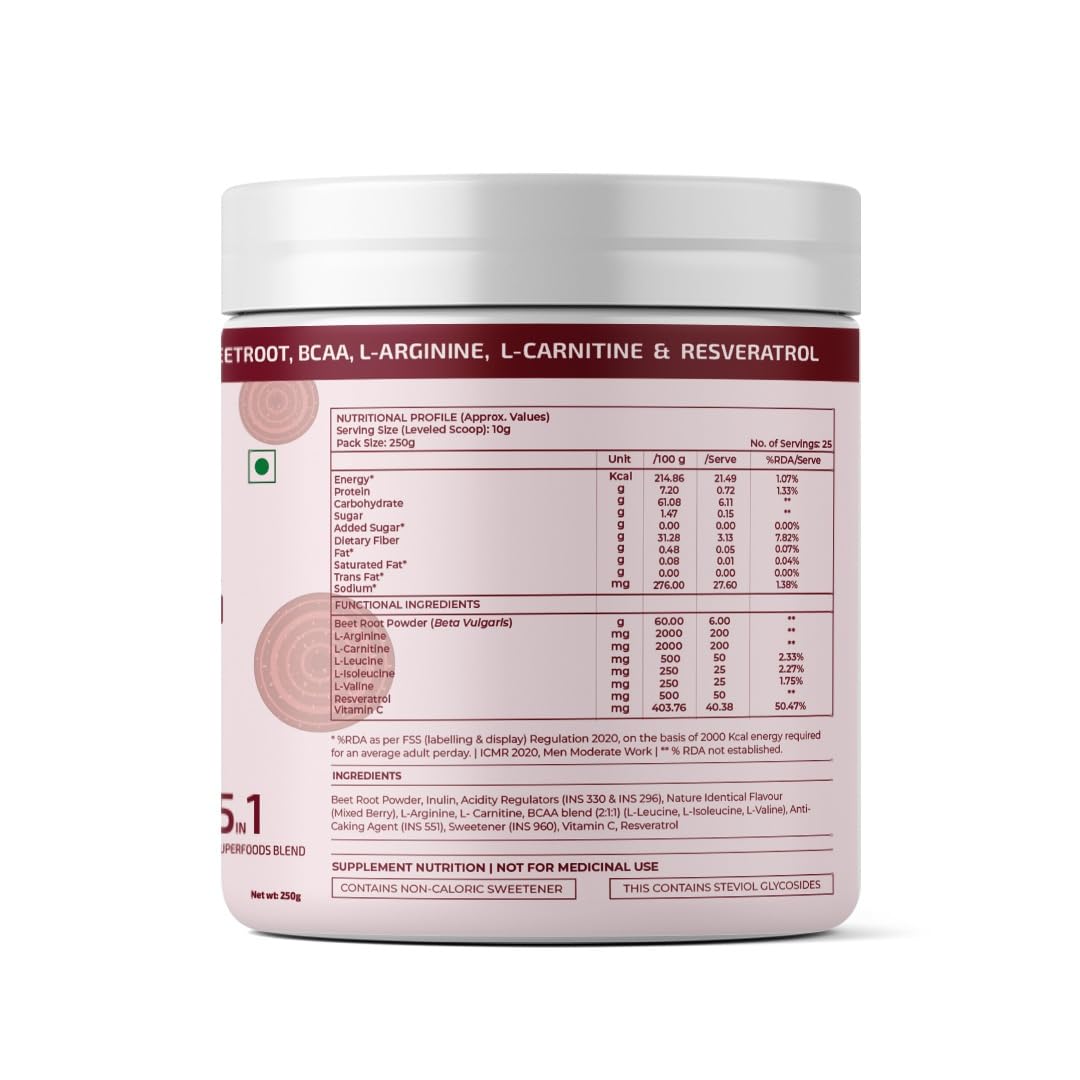 Rooted Actives Power Beets (250 grams) - Organic Beet root powder with L arginine,L Carnitine,BCAA,Reservatrol & Stevia|Heart,Endurance,Nitric oxide booster| Beets Powder Supplement & Pre Workout
