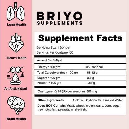 Briyo CoQ10 200 mg Ubiquinone â€“ High Absorption Coenzyme Q10 Supplement for Heart Health, Energy & Antioxidant Support â€“ Naturally Fermented, Gluten-Free â€“ 60 Capsules