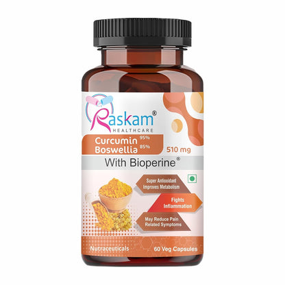 Curcumin 95%, Boswellia 85%, 510mg Capsules with Bioperine | 60 Veg Capsules | Super Antioxidant, Improves Metabolism, Fights Inflammation | 60 veg capsules