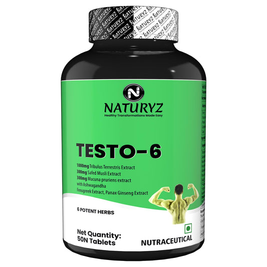 Naturyz Testo-6 Plant based Supplement For Men 2100mg per serving with Maximum Strength 1000mg Tribulus Terrestris, Safed Musli, Kaunj, Ashwagandha, Fenugreek & Panax Ginseng for Muscle gain, Stamina & Strength - 50 Tablets