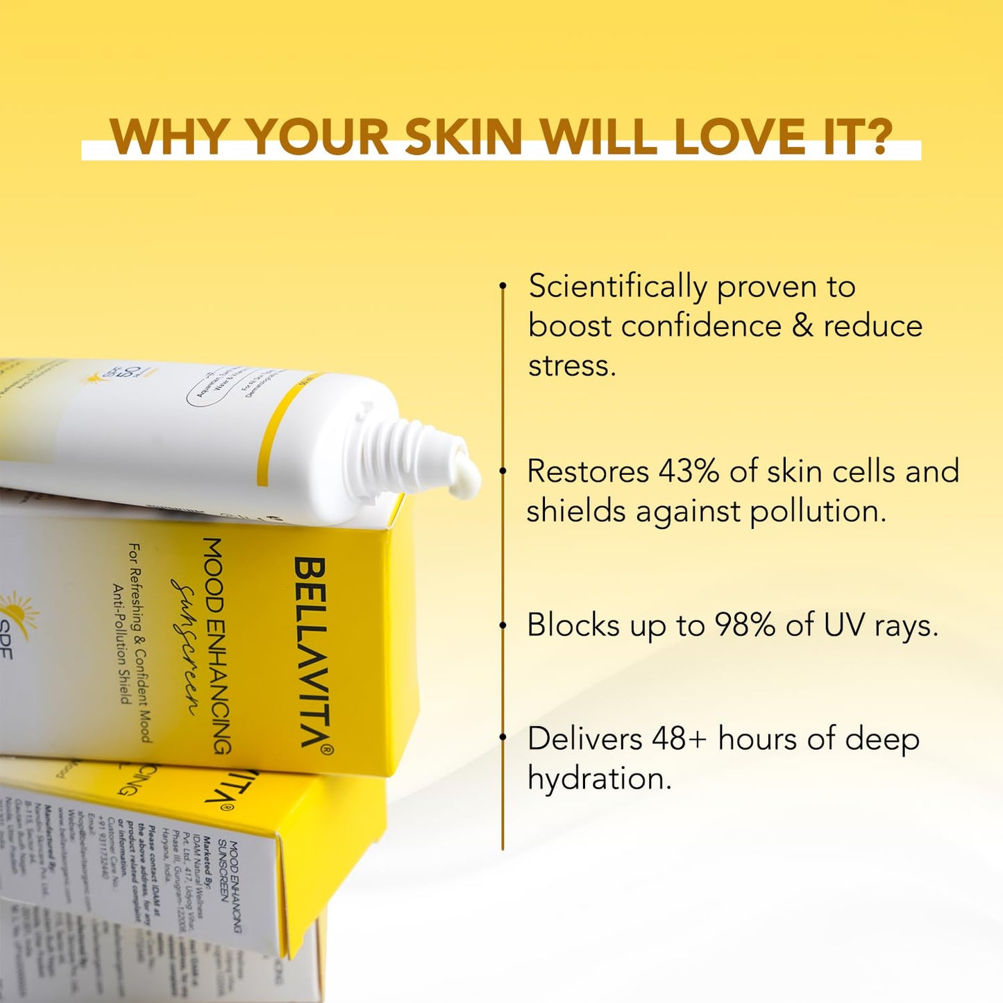 BELLAVITA Sunscreen SPF 50, Mood Enhancing Sunscreen, PA++++, Non-Greasy, No White Cast | Broad Spectrum & UVA+UVB Protection | For Men & Women- 50 ML