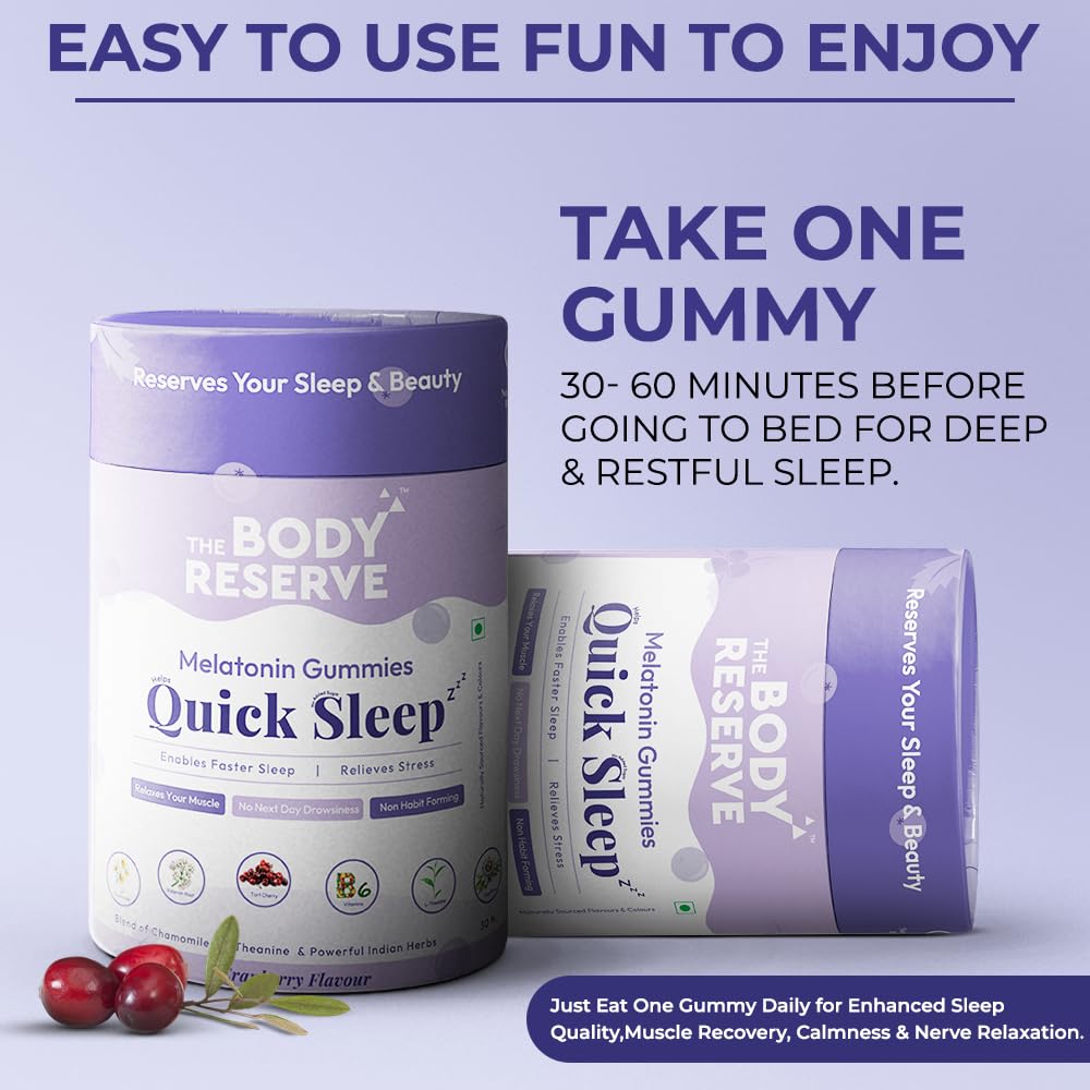 The Body Reserve Quick Sleep Melatonin Gummies For Natural Sleep Aid For Muscle Recovery,Nerve Relaxation & Relieves Stress Vegan,Gluten-Free,Non-Addictive Cranberry Flavours,30 Gummies,No Added Sugar