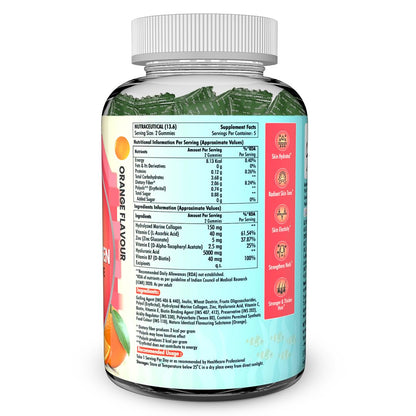 Naturyz Marine Collagen Gummies for Skin Health with Hyaluronic Acid, Vitamin C, Vitamin E & Biotin | Supports Skin Elasticity, Hydration & Glow | Easy-to-Absorb Collagen Gummy | No Added Sugar, Delicious Taste- 10 count (Orange Flavor)