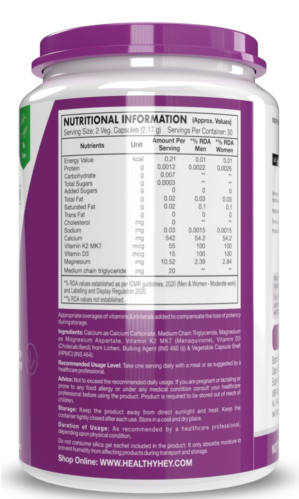 HealthyHey Nutrition Vegan Calcium with Magnesium, Vitamin D3 & Vitamin K2- Mk7 - BoneMax - Bone Health Complex - 60 Vegetable Capsules