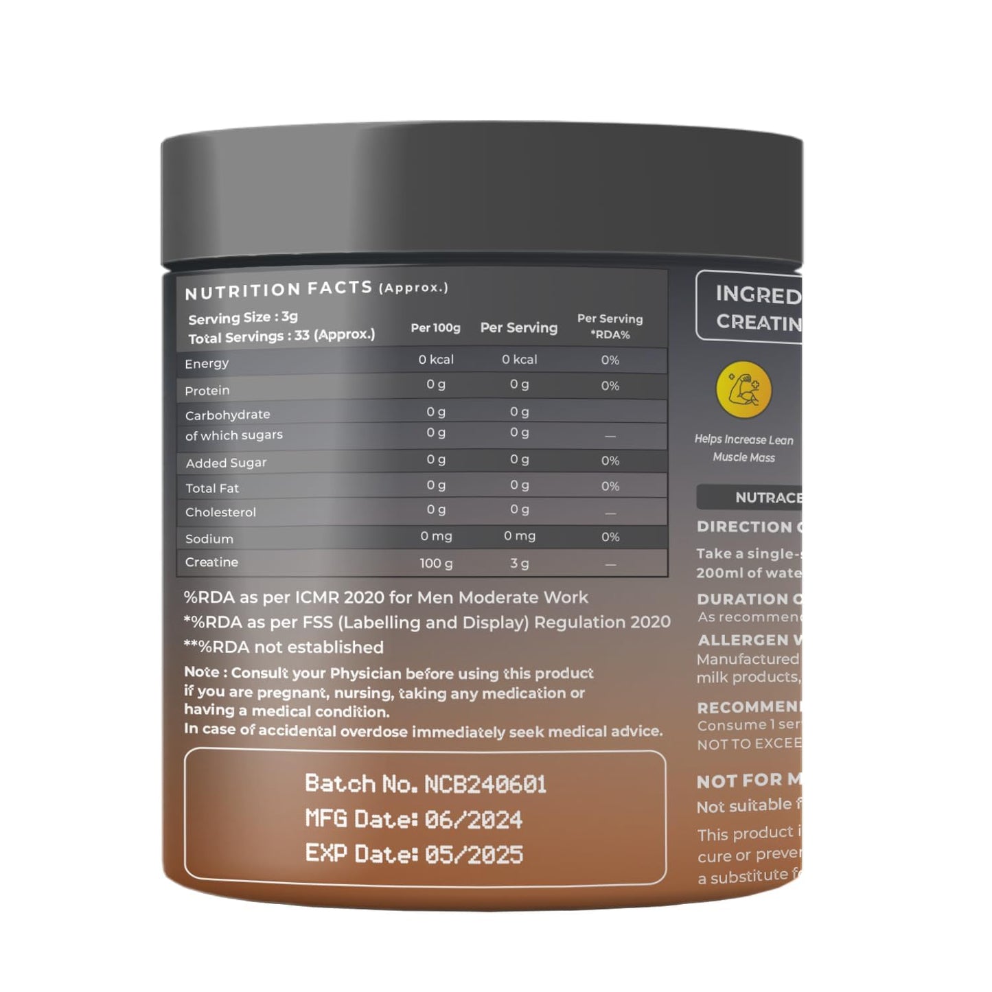 NATURALTEIN Creatine Monohydrate Unflavoured (100 Grams, 33 Servings)| Boosts Strength, Endurance & Muscle Recovery | No Fillers, No Preservatives|Fast Recovery|Increases Muscle Mass