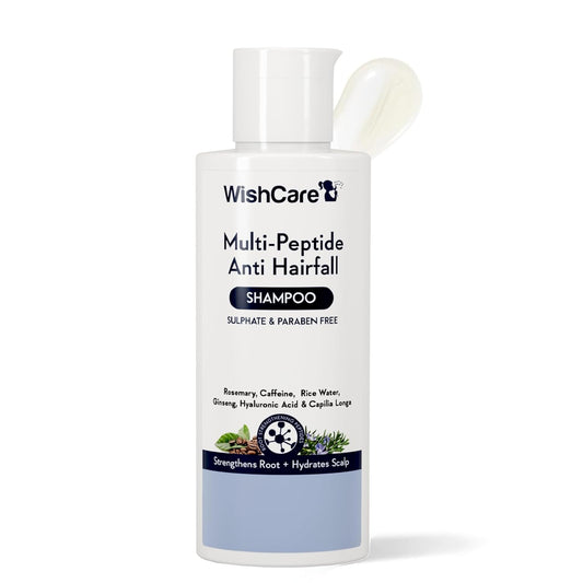 WishCare Multi Peptide Anti Hairfall Shampoo For Frizzy and Dry Hair | Controls Hairfall & Promotes Hair Growth | Peptides, Rice Water, Rosemary & Caffeine | Paraben & Sulphate Free Shampoo For Women & Men | For All Hair Types | 120ml