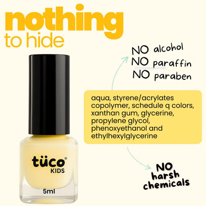 TucoÂ® Kids Water Based Safe Nail Polish for girls | Easy to Peel Off, Non Toxic, Natural & Safe for Kids | Play Safe with Chemical Free Nails for Daughters | Pack of 1x5ml | Yellow
