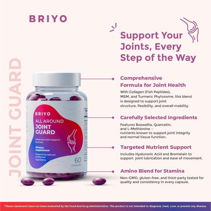 Briyo Joint Health Supplement All Around Joint Guard- with Collagen, Hyaluronic Acid, MSM & Boswellia, Quercetin, Bromelain and more for Cartilage, Joint Health & Flexibility, 30 Capsules
