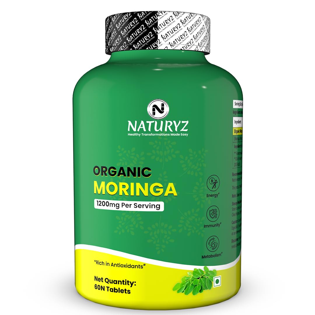 NATURYZ Organic Moringa Highest Strength 1200mg tablets | Supports Energy, Vitality, Detox, Metabolism & Immunity in Men & Women | Non-GMO, Vegan, Gluten-Free | USDA Organic Certified | Pesticides & Chemical Free â€“ 60 Veg tablets