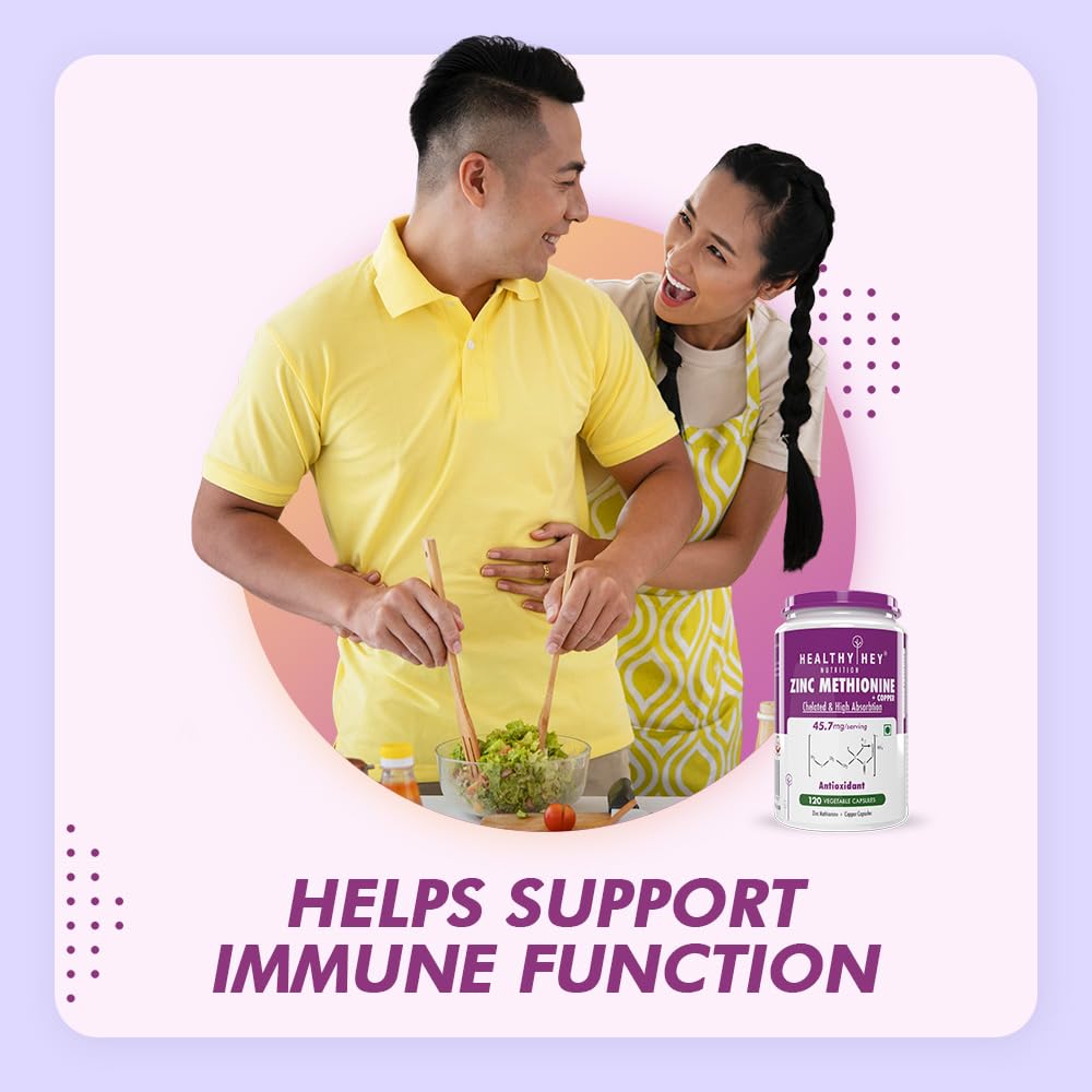 Healthyhey Nutrition Zinc Methionine Plus Copper, Supports Immune and Antioxidant Protection - 120 Veg Capsules