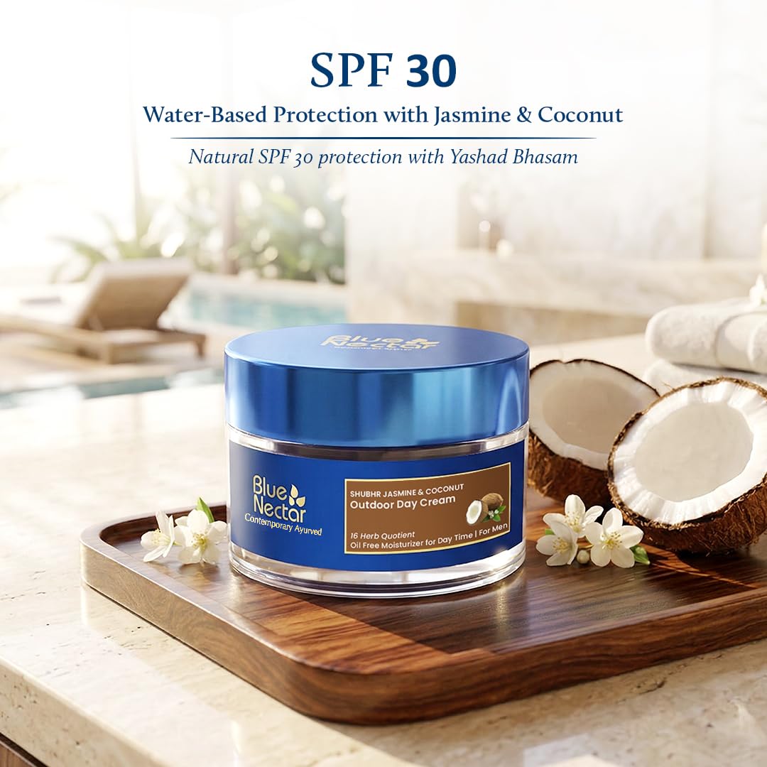 Blue Nectar Coconut Face Cream with SPF 30 Sunscreen for Men | Plant Based Oil Free Moisturizer for Face with Vitamin E | Brightening Sunscreen for Oily, Dry & Sensitive Skin (16 Herbs, 50g)