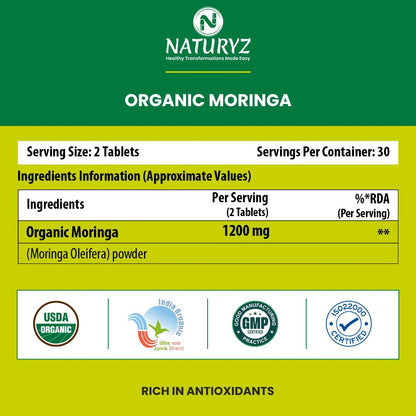 NATURYZ Organic Moringa Highest Strength 1200mg tablets | Supports Energy, Vitality, Detox, Metabolism & Immunity in Men & Women | Non-GMO, Vegan, Gluten-Free | USDA Organic Certified | Pesticides & Chemical Free â€“ 60 Veg tablets