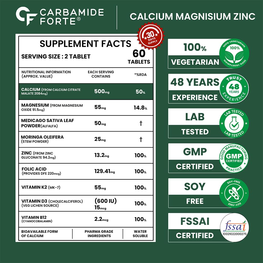 Carbamide Forte Calcium And Vitamin D3 Tablets | Calcium Tablets For Women & Men | Calcium Magnesium Zinc Supplemen With Vitamin D3 + K2 MK7 To Support Bones, Joints & Immunity - 60 Tablets