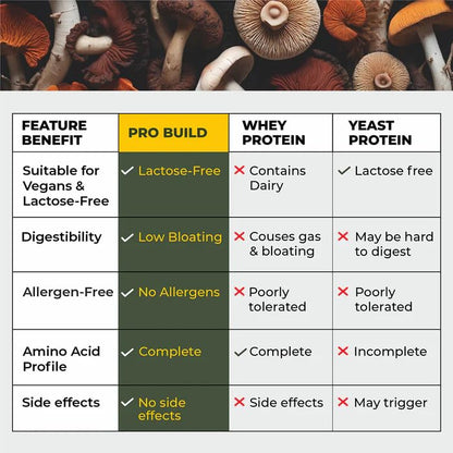 Cureveda Pro-Build Plant Protein Powder | 27g Vegan Protein + 6 Mushrooms | 5.1g BCAA & Digestive Enzymes | Cordyceps, Lionâ€™s Mane, Reishi, Chaga, Shiitake, Turkey Tail | Chocolate | 500g