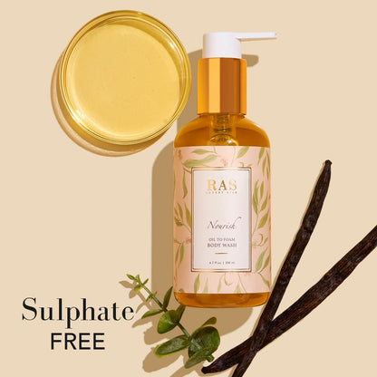 RAS Luxury Oils Nourish Hydrating & Purifying Body Wash,Sulphate Free,Moroccan Argan Oil & vanilla; Purifies & hydrates; Oil to foam body wash; For Men & Women; 200ml