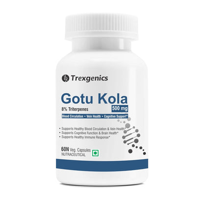 Trexgenics GOTU KOLA 8% Triterpenes 500 mg Vein Health, Blood circulation, Cognitive Function, Immunity VEGAN & NON-GMO (60 Veg Capsules)