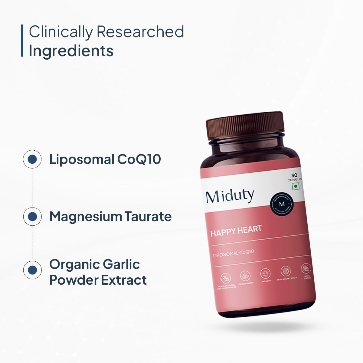 Miduty by Palak Notes Happy Heart - Liposomal CoQ10 - Heart Health Supplement - Methyl Folate - D-Chiro-Inositol - Blood Pressure Control, Healthy Skin, Heart Health & Kidney Health - 30 Capsules