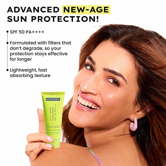 Hyphen All I Need Sunscreen SPF 50 PA++++ | With New-Gen UV Filters | No White Cast | In-Vivo Tested | Brightens,Hydrates| Lightweight Non-Greasy UVA/UVB Protection | For All Skin Types | Women & Men | 30ml