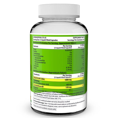 Naturyz Vegetarian Omega 3 Algae + Sea buckthorn Oil Capsules 1120mg | Highest Strength DHA 400mg | Gelatin Free, No Burps, No Fish Oil | Supports Healthy Heart, Skin, Brain & Gut | Plant source for Men & Women | 60 Liquid fill Capsules