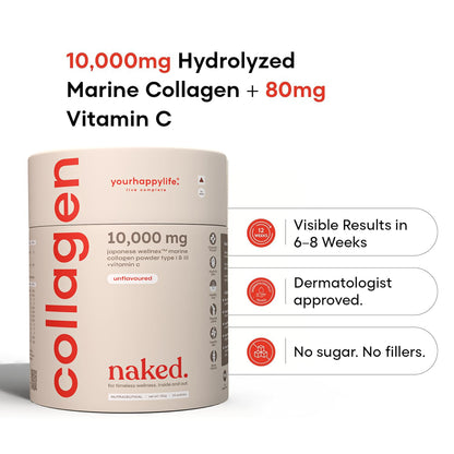 YourHappyLife Naked Japanese Marine Collagen Supplement Type 1 & 3 with Vitamin C for Men & Women|Skin, Joints, Hair & Nails|10000mg Hydrolyzed Peptides Fast Absorption|Pack of 1 (250 gm)-Unflavoured