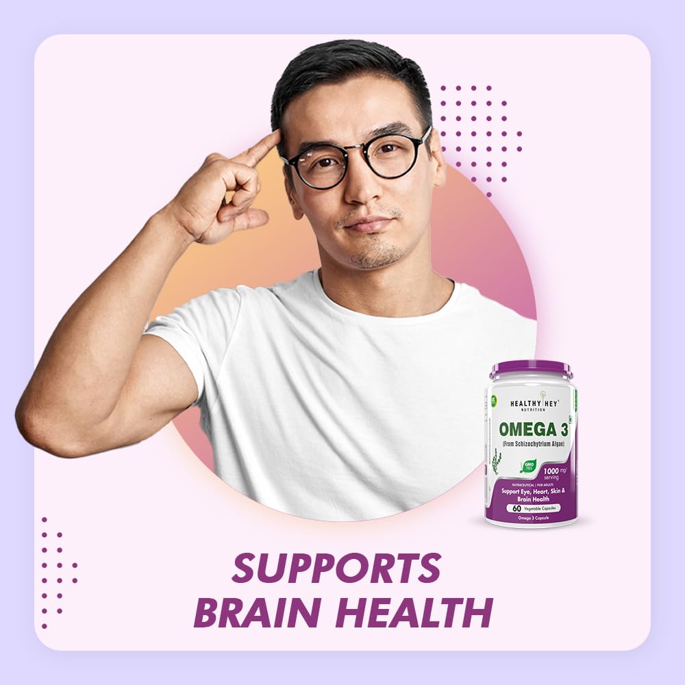 HealthyHey Nutrition Natural Omega 3 - Support Heart, Brain & Joint - Sourced from Algae - Fish Oil-free - 60 Veg Capsules