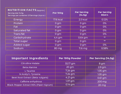 NATURALTEIN PURE-07 Vegan Pre-Workout â€“ Blueberry Blast | Clean Energy & Focus | 300g Powder | 21 Power-Packed Servings