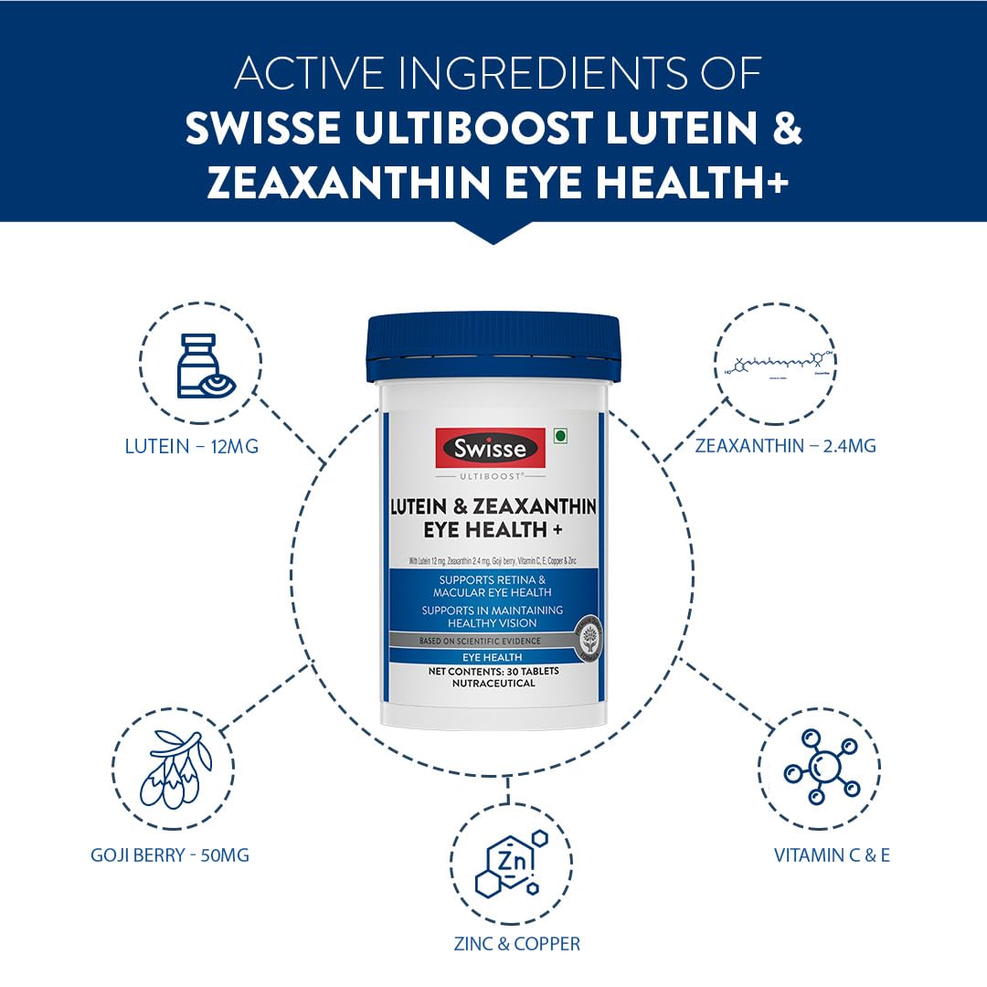 Swisse Eye Health+ with Lutein & Zeaxanthin for Healthy Vision Support, Reduces Digital Strain & Fatigue From High Screen Time - 30 Tablets
