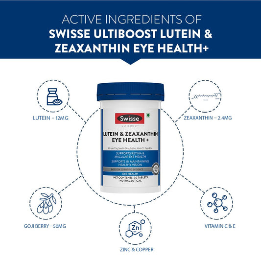 Swisse Eye Health+ with Lutein & Zeaxanthin for Healthy Vision Support, Reduces Digital Strain & Fatigue From High Screen Time - 30 Tablets