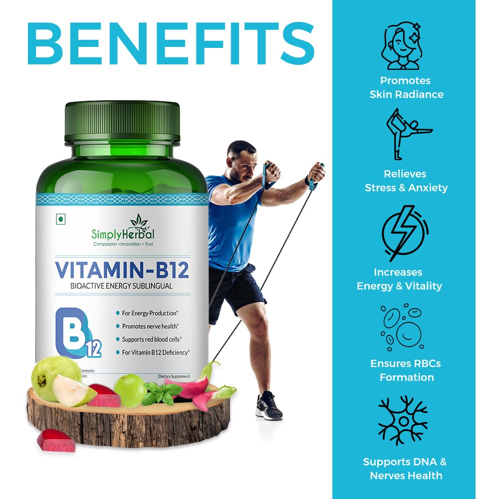 Simply Herbal Vitamin B12 Cyanocobalamin, Produce Red Blood Cells, Maintain Good Health, Boost Energy, Heart Health, Plant Based Supplements - 100 Capsules